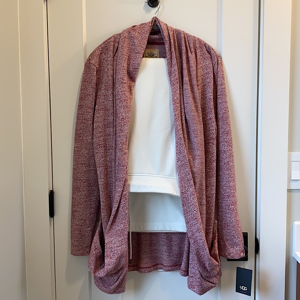 UGG Loungewear Set, Size: L, Cream Pant/Red Heathered Cardigan